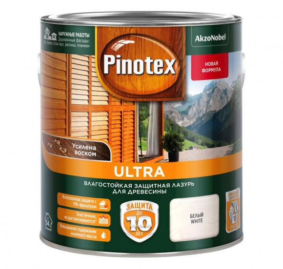 Pinotex Ultra влагостойкая  защитная лазурь для древесины белый 2,7л