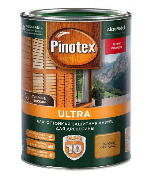 Pinotex Ultra влагостойкая защитная лазурь для древесины калужница 1л