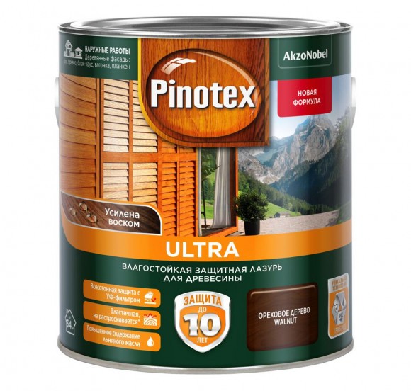 Pinotex Ultra влагостойкая защитная лазурь для древесины орех 2,5л