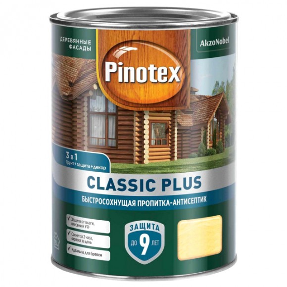 Pinotex Classic Plus быстросох, пропитка-антисептик 3 в 1 для древесины ель натуральная (0,9л)
