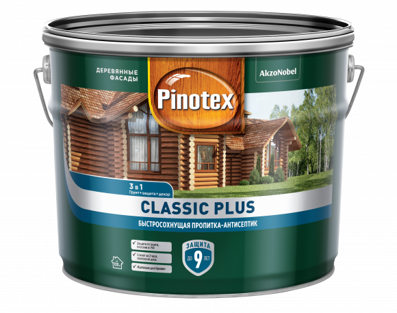 Pinotex Classic Plus быстросох, пропитка-антисептик 3 в 1 для древесины лиственница (9л)