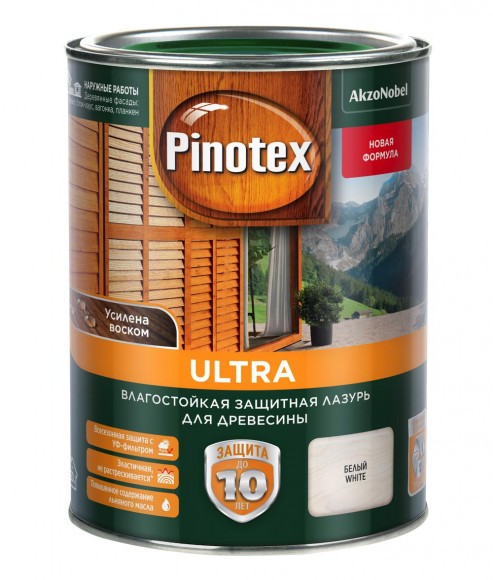 Pinotex Ultra влагостойкая  защитная лазурь для древесины белый 1л