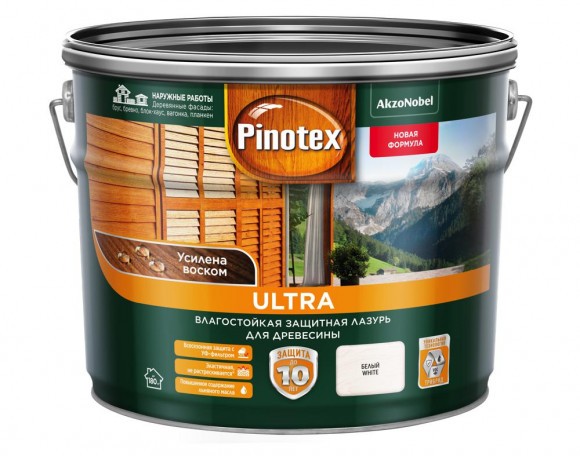 Pinotex Ultra влагостойкая  защитная лазурь для древесины белый 9л