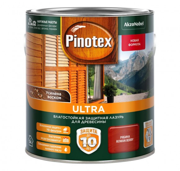 Pinotex Ultra влагостойкая защитная лазурь для древесины рябина 2,7л