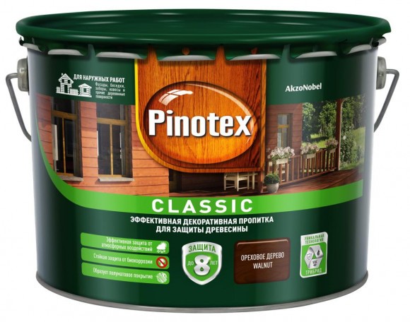 Pinotex Classic декоративно-защитная пропитка для древесины орех 9л